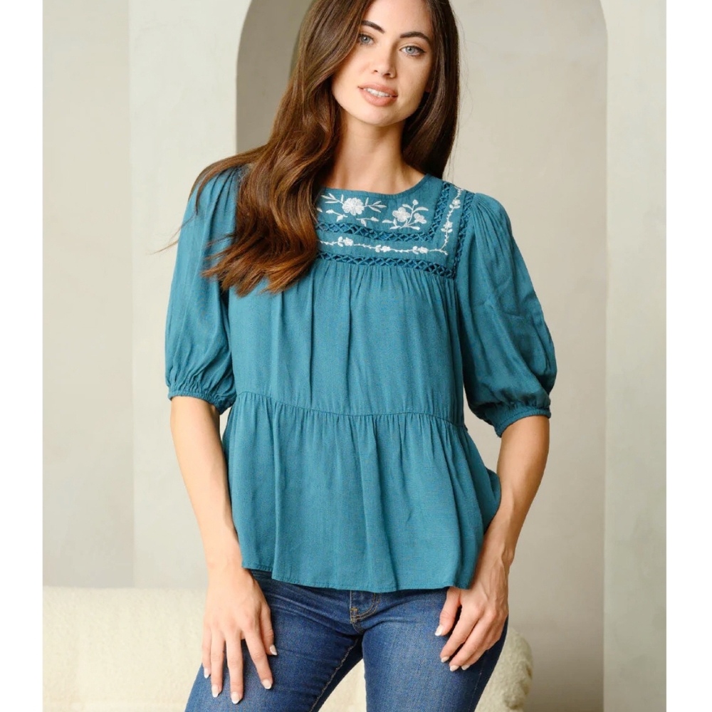 LAST 1❗️POLAGRAM Boho Chic Embroidered Teal Short Sleeves Top - Picture 2 of 5